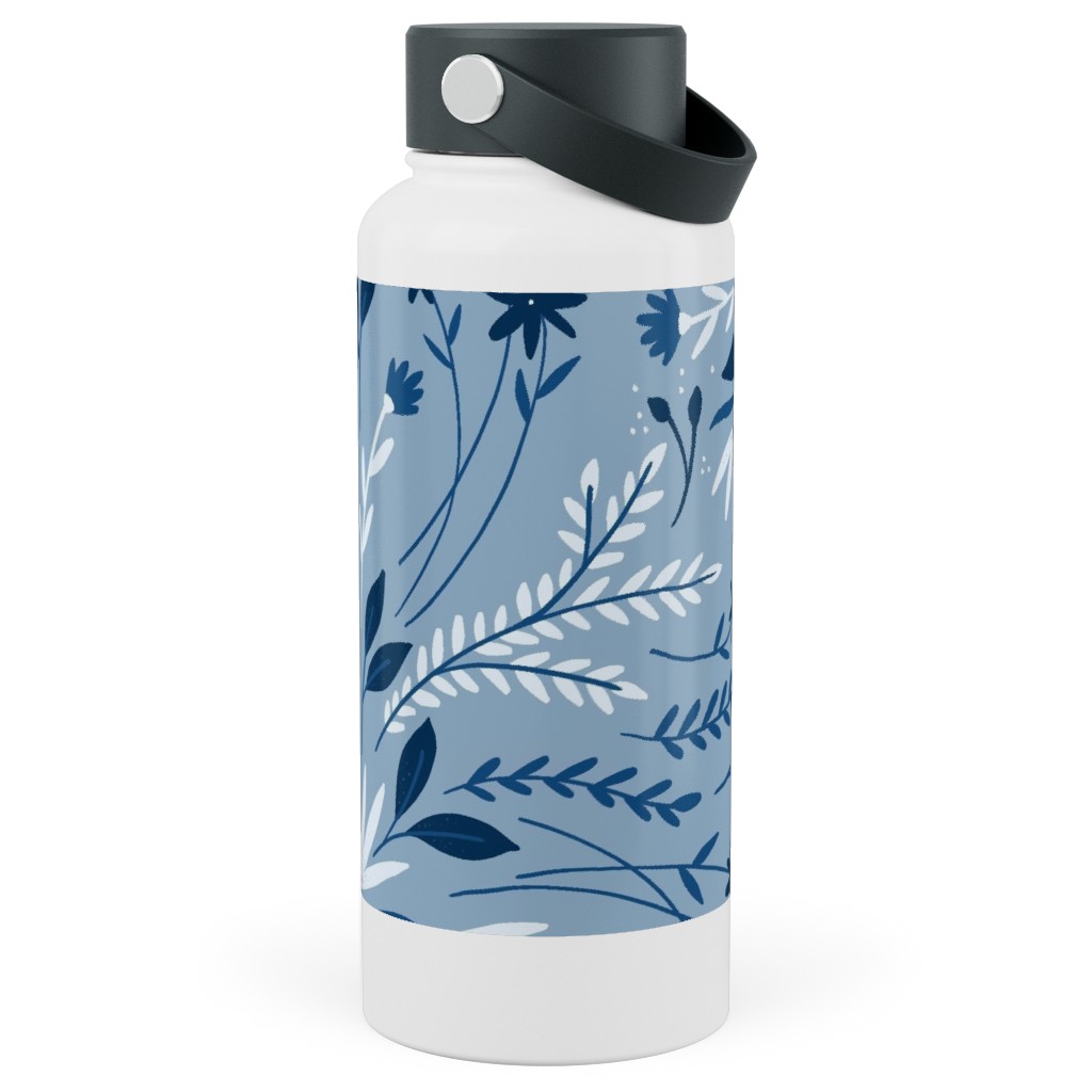 Dotty Floral - Blue Stainless Steel Wide Mouth Water Bottle, 30oz, Wide Mouth, Blue, True Blue