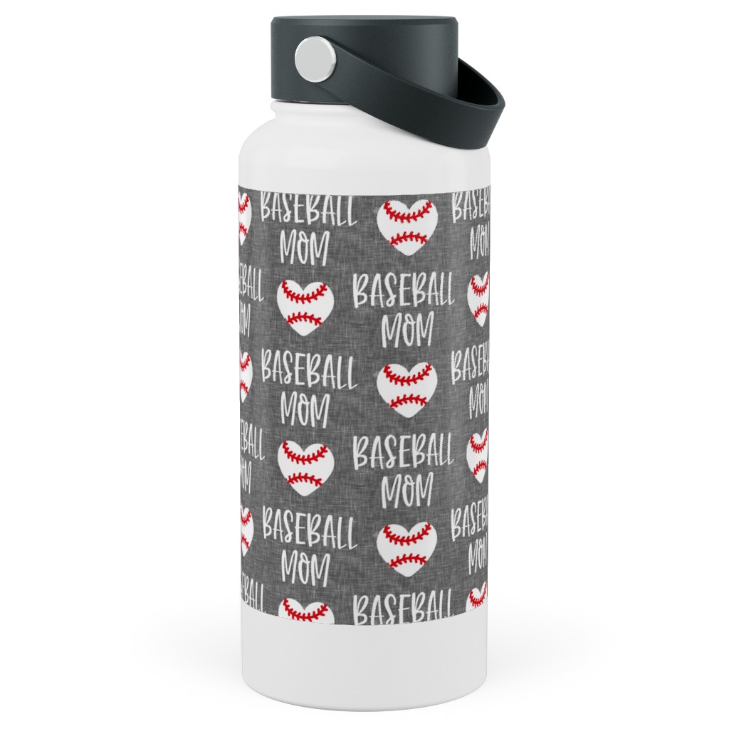 Baseball Mom - Baseball Heart - White on Grey Stainless Steel Wide Mouth Water Bottle, 30oz, Wide Mouth, Gray