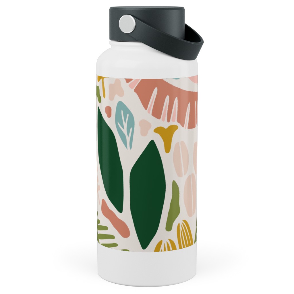 Tropical Adventure Woodcut - Multi Stainless Steel Wide Mouth Water Bottle, 30oz, Wide Mouth, Multicolor