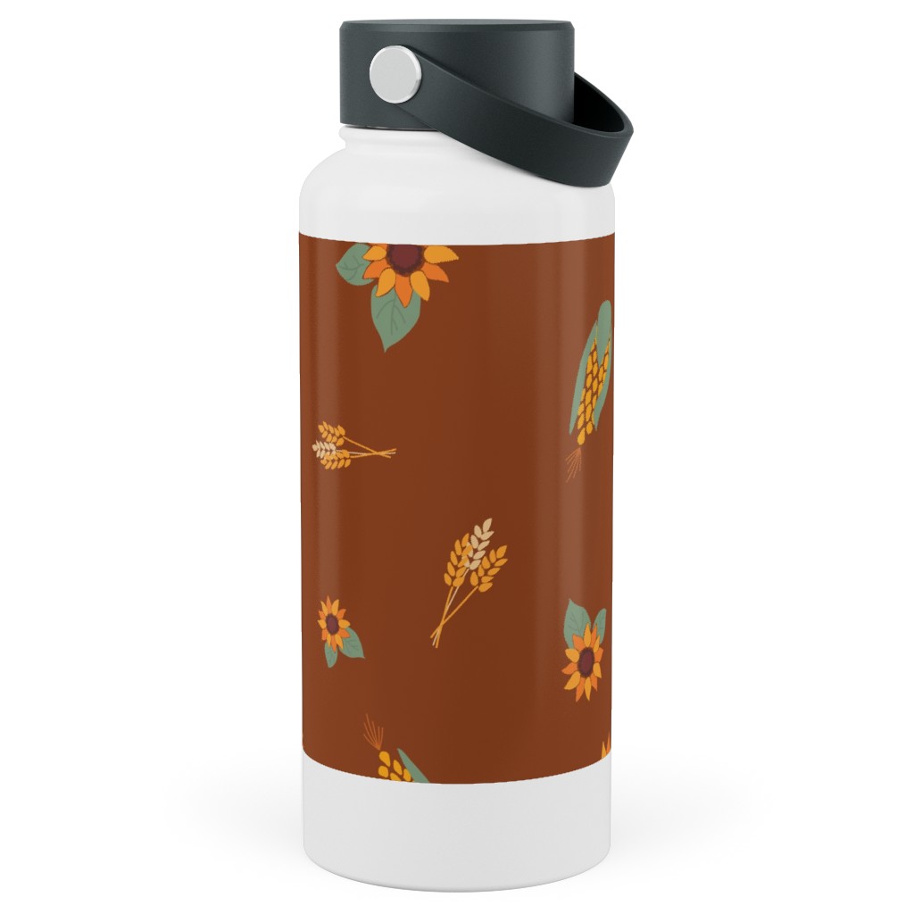 Corn & Sunflowers Stainless Steel Wide Mouth Water Bottle, 30oz, Wide Mouth, Brown