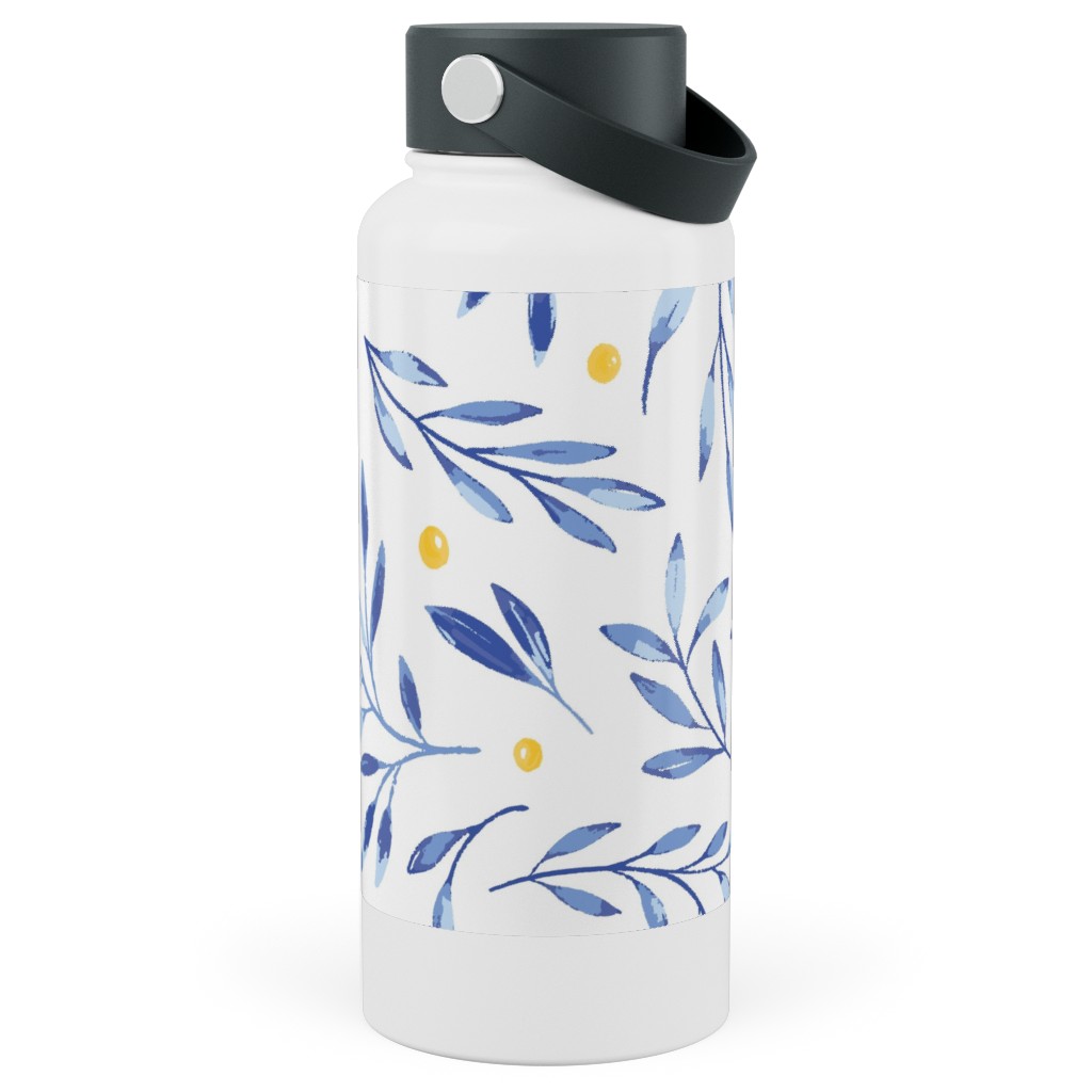 Blue Leaves With Berries Stainless Steel Wide Mouth Water Bottle, 30oz, Wide Mouth, Blue, True Blue