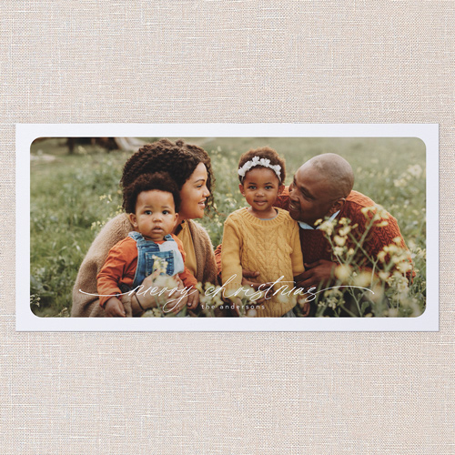 Signature Script Holiday Card, White, 4x8 Flat, Christmas, Pearl Shimmer Cardstock, Square, White