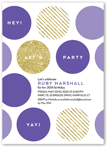 Big Bold Dots Party Invitation, Purple, 5x7 Flat, Pearl Shimmer Cardstock, Square, Hyacinth