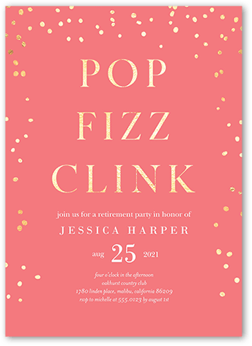 Fizz Clink Party Invitation, Pink, 5x7 Flat, Standard Smooth Cardstock, Square