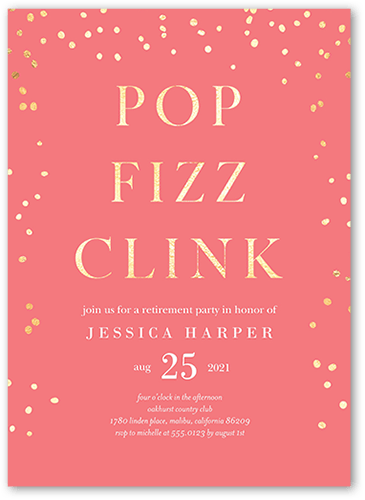 Fizz Clink Party Invitation, Pink, 5x7 Flat, Pearl Shimmer Cardstock, Square