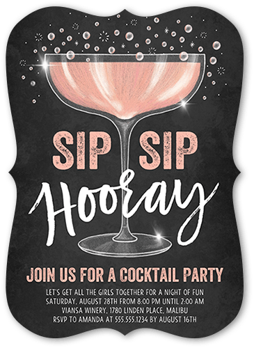 Sip Sip Party Invitation, Pink, 5x7 Flat, Pearl Shimmer Cardstock, Bracket