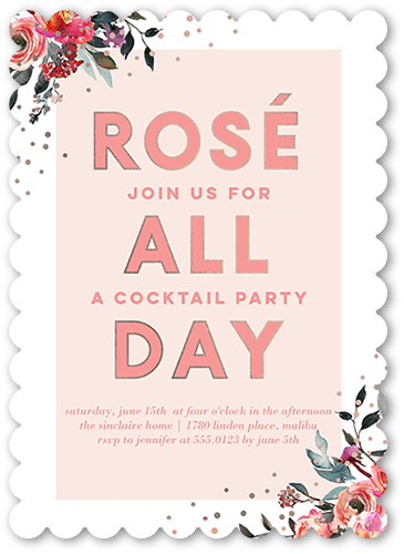 All Day Floral Party Invitation, Pink, 5x7 Flat, Pearl Shimmer Cardstock, Scallop