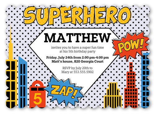 Superhero Birthday Invitation, Yellow, Pearl Shimmer Cardstock, Scallop