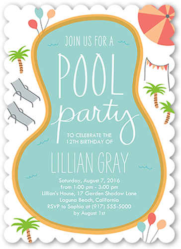 Birthday Pool Party Birthday Invitation, Blue, White, Matte, Signature Smooth Cardstock, Scallop