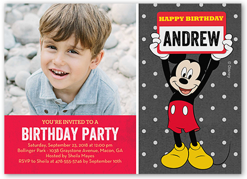 Disney Mickey Mouse Name Birthday Invitation, Red, Luxe Double-Thick Cardstock, Square
