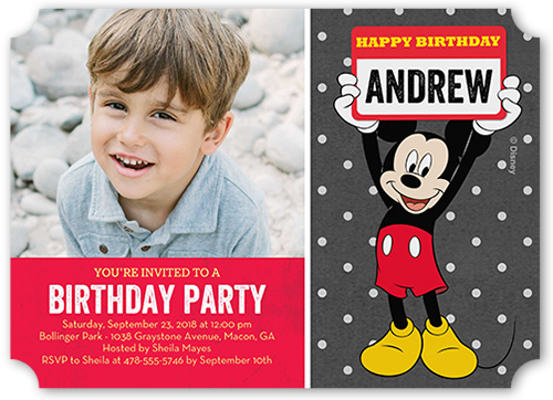 Disney Mickey Mouse Name Birthday Invitation, Red, Pearl Shimmer Cardstock, Ticket
