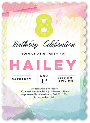 Watercolor Festivities Birthday Invitation, White, 100% Recycled Cardstock , Scallop