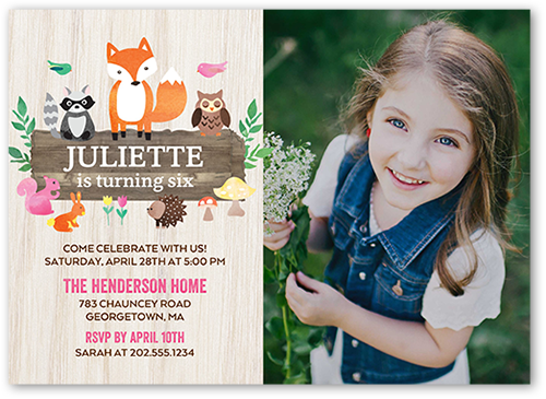 Woodland Wishes Girl Birthday Invitation, Grey, Pearl Shimmer Cardstock, Square