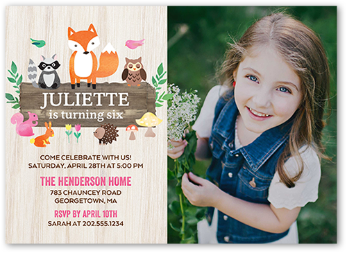 Woodland Wishes Girl Birthday Invitation, Grey, Standard Smooth Cardstock, Square