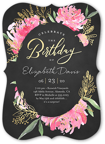 Peony Festivities Birthday Invitation, Black, 5x7 Flat, Pearl Shimmer Cardstock, Bracket