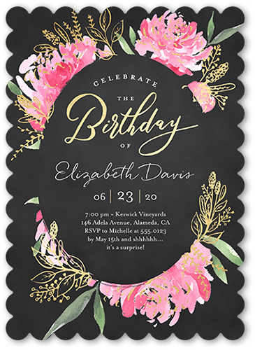 Peony Festivities Birthday Invitation, Black, 5x7 Flat, Pearl Shimmer Cardstock, Scallop