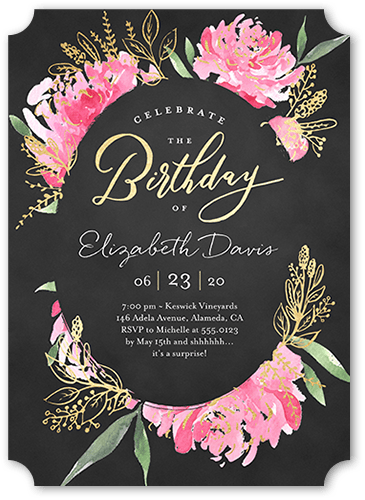 Peony Festivities Birthday Invitation, Black, 5x7 Flat, Pearl Shimmer Cardstock, Ticket