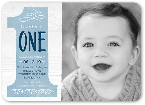 Onederful Boy Birthday Invitation, Blue, 5x7 Flat, Pearl Shimmer Cardstock, Rounded