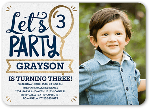 Balloon Banner Boy Birthday Invitation, Blue, 5x7 Flat, Pearl Shimmer Cardstock, Rounded