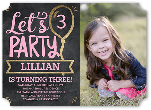 Balloon Banner Girl Birthday Invitation, Pink, 5x7 Flat, Pearl Shimmer Cardstock, Ticket