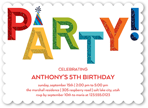 Color Block Party Birthday Invitation, White, 5x7, Pearl Shimmer Cardstock, Scallop