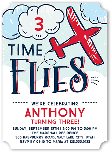Time Flies Birthday Invitation, Red, 5x7, Pearl Shimmer Cardstock, Ticket