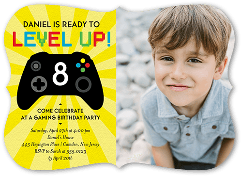 Level Up Birthday Invitation, Yellow, 5x7, Pearl Shimmer Cardstock, Bracket