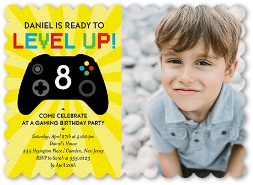 Level Up Birthday Invitation, Yellow, 5x7, Pearl Shimmer Cardstock, Scallop