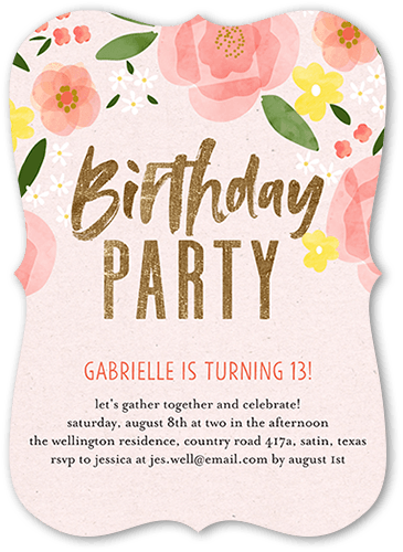 Floral Cheer Birthday Invitation, Pink, 5x7 Flat, Matte, Signature Smooth Cardstock, Bracket