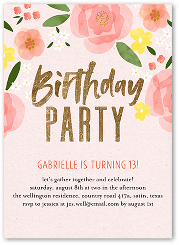 Floral Cheer Birthday Invitation, Pink, 5x7 Flat, Matte, Signature Smooth Cardstock, Square