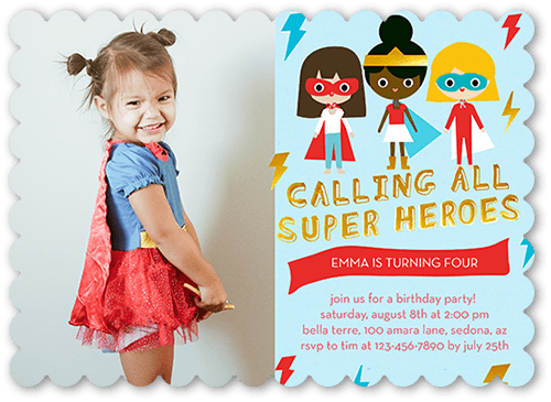 Super Heroes Birthday Invitation, Blue, 5x7 Flat, Pearl Shimmer Cardstock, Scallop