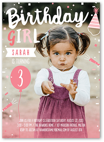 Happy Confetti Girl Birthday Invitation, Pink, 5x7 Flat, Pearl Shimmer Cardstock, Square
