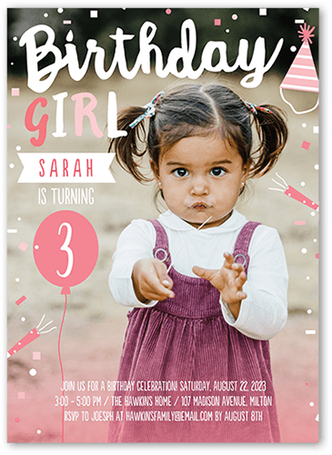 Happy Confetti Girl Birthday Invitation, Pink, 5x7 Flat, Standard Smooth Cardstock, Square