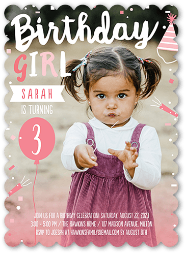 Happy Confetti Girl Birthday Invitation, Pink, 5x7 Flat, 100% Recycled Cardstock , Scallop