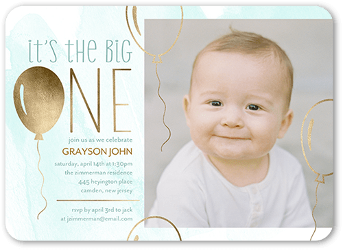 One Big Balloon Boy Birthday Invitation, Blue, 5x7 Flat, Pearl Shimmer Cardstock, Rounded
