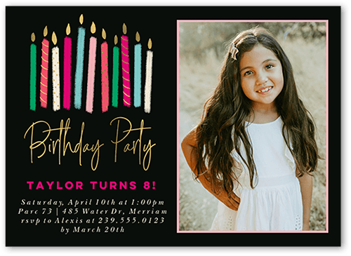 Party Candles Girl Birthday Invitation, Pink, 5x7 Flat, Standard Smooth Cardstock, Square