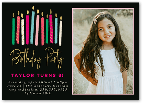 Party Candles Girl Birthday Invitation, Pink, 5x7 Flat, Standard Smooth Cardstock, Square, Hot Pink