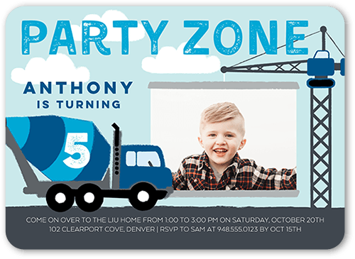 Party Zone Birthday Invitation, Blue, 5x7 Flat, Pearl Shimmer Cardstock, Rounded