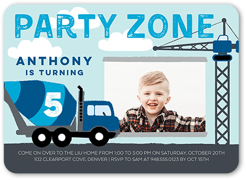 Party Zone Birthday Invitation, Blue, 5x7 Flat, Pearl Shimmer Cardstock, Rounded, Coast