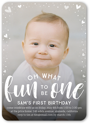 What a Fun One Birthday Invitation, White, 5x7 Flat, Pearl Shimmer Cardstock, Rounded