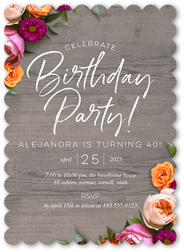 Rustically Floral Birthday Invitation, Grey, 5x7 Flat, Matte, Signature Smooth Cardstock, Scallop, White