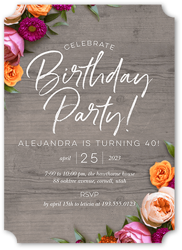 Rustically Floral Birthday Invitation, Grey, 5x7, Pearl Shimmer Cardstock, Ticket