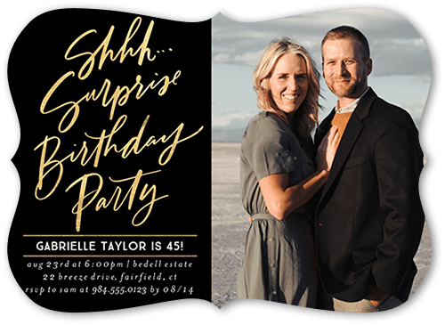 Surprise Party Birthday Invitation, Black, 5x7, Pearl Shimmer Cardstock, Bracket