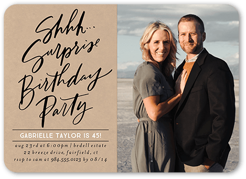 Surprise Party Birthday Invitation, Beige, 5x7 Flat, 100% Recycled Cardstock , Rounded