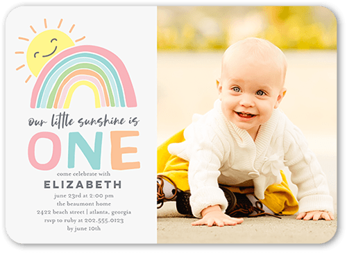 Adorable Rainbow Birthday Invitation, Gray, 5x7 Flat, Pearl Shimmer Cardstock, Rounded