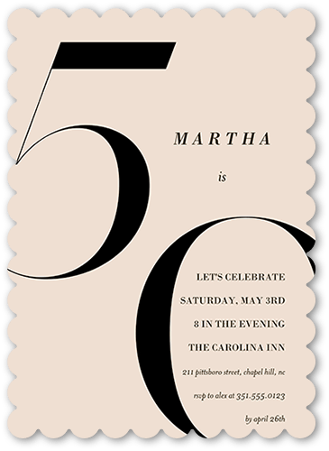 Modern Fifty Birthday Invitation, Beige, 5x7 Flat, Pearl Shimmer Cardstock, Scallop