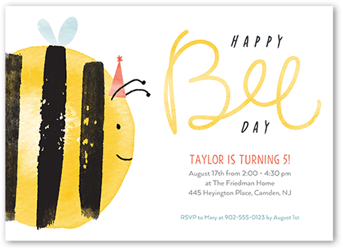 Happy Bee Day Birthday Invitation, Yellow, 5x7 Flat, Pearl Shimmer Cardstock, Square