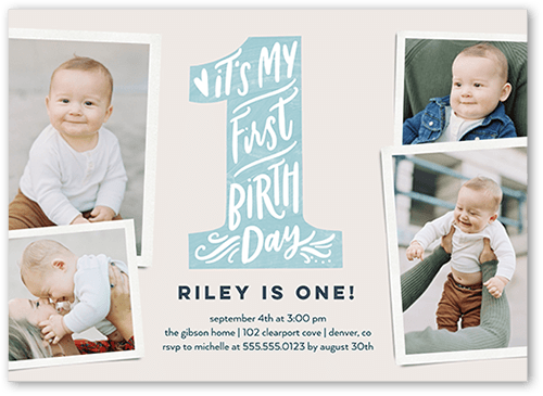 My First Birthday Birthday Invitation, Blue, 5x7 Flat, 100% Recycled Cardstock ?, Square