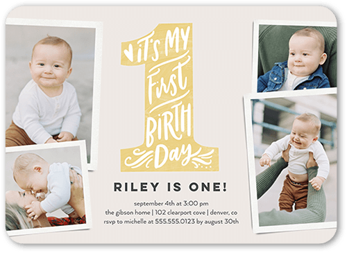 My First Birthday Birthday Invitation, Yellow, 5x7 Flat, Pearl Shimmer Cardstock, Rounded