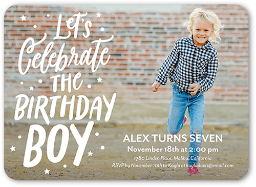 Celebrate Birthday Boy Birthday Invitation, White, 5x7 Flat, Standard Smooth Cardstock, Rounded